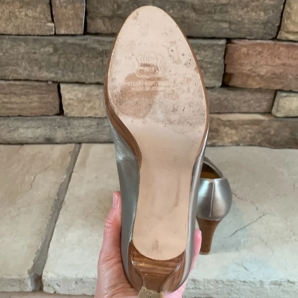Stuart Weitzman Metallic Golden Silver Peep-Toe Heels